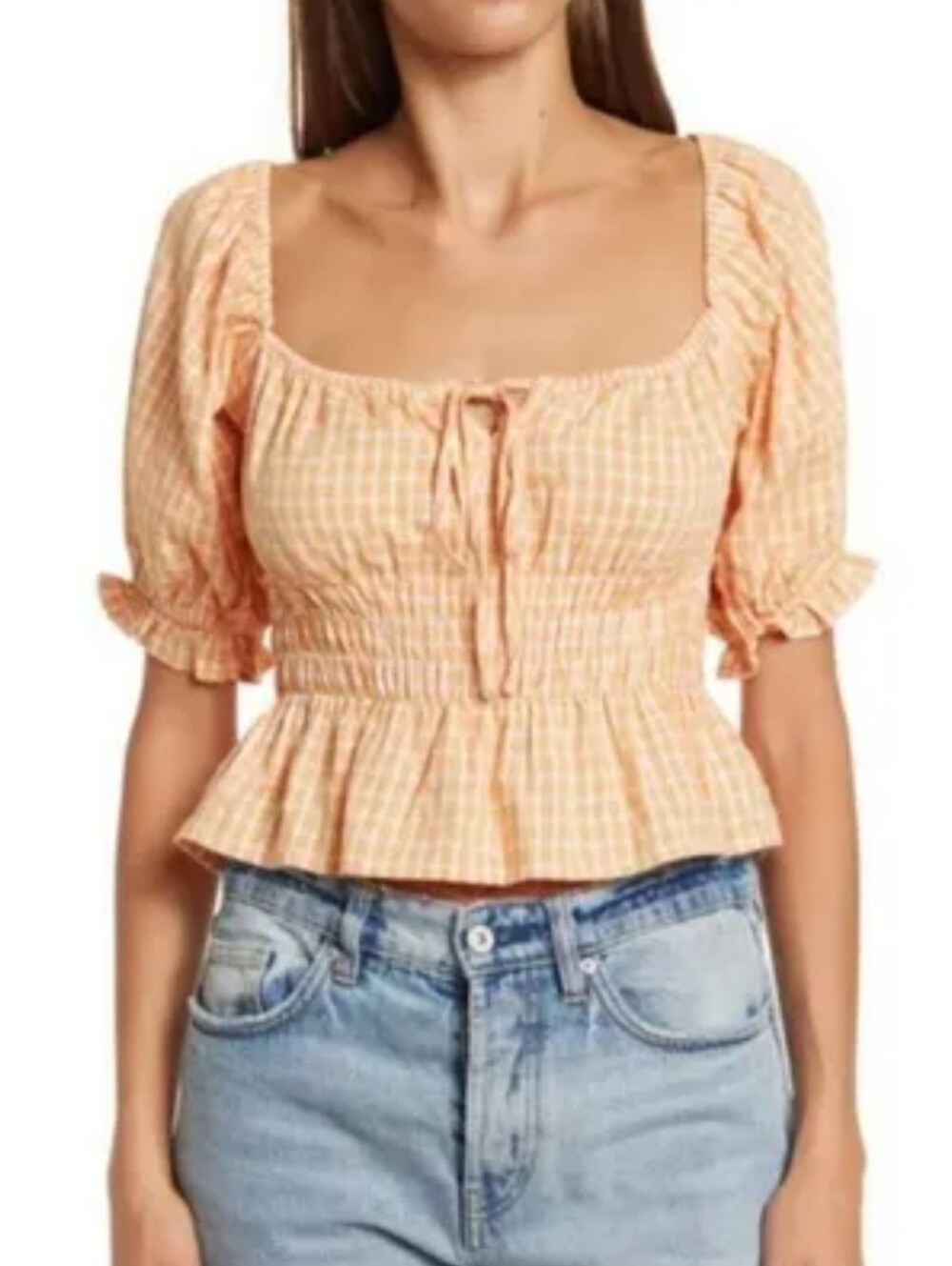 Astr The Label Peplum Smocked Gingham Top - Peach M